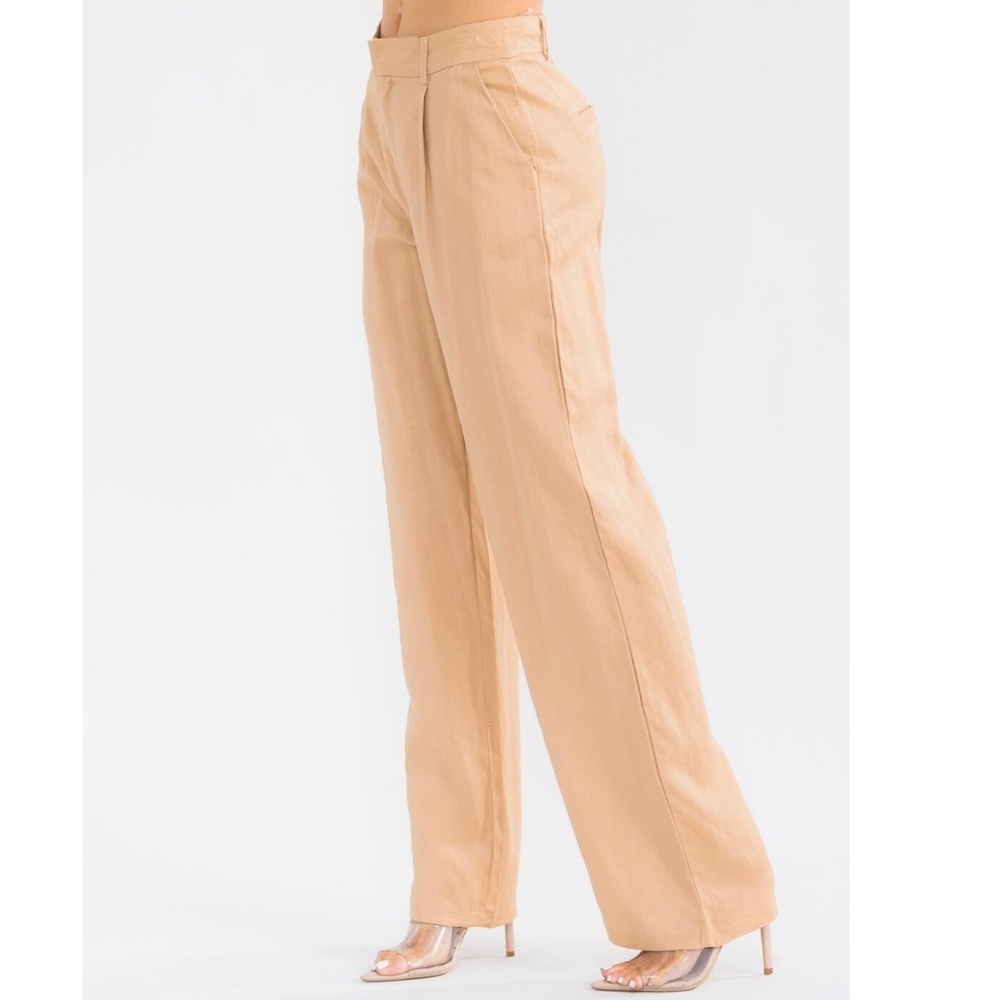 Tea & Cup Button Closure Khaki Women's Straight Leg Pants